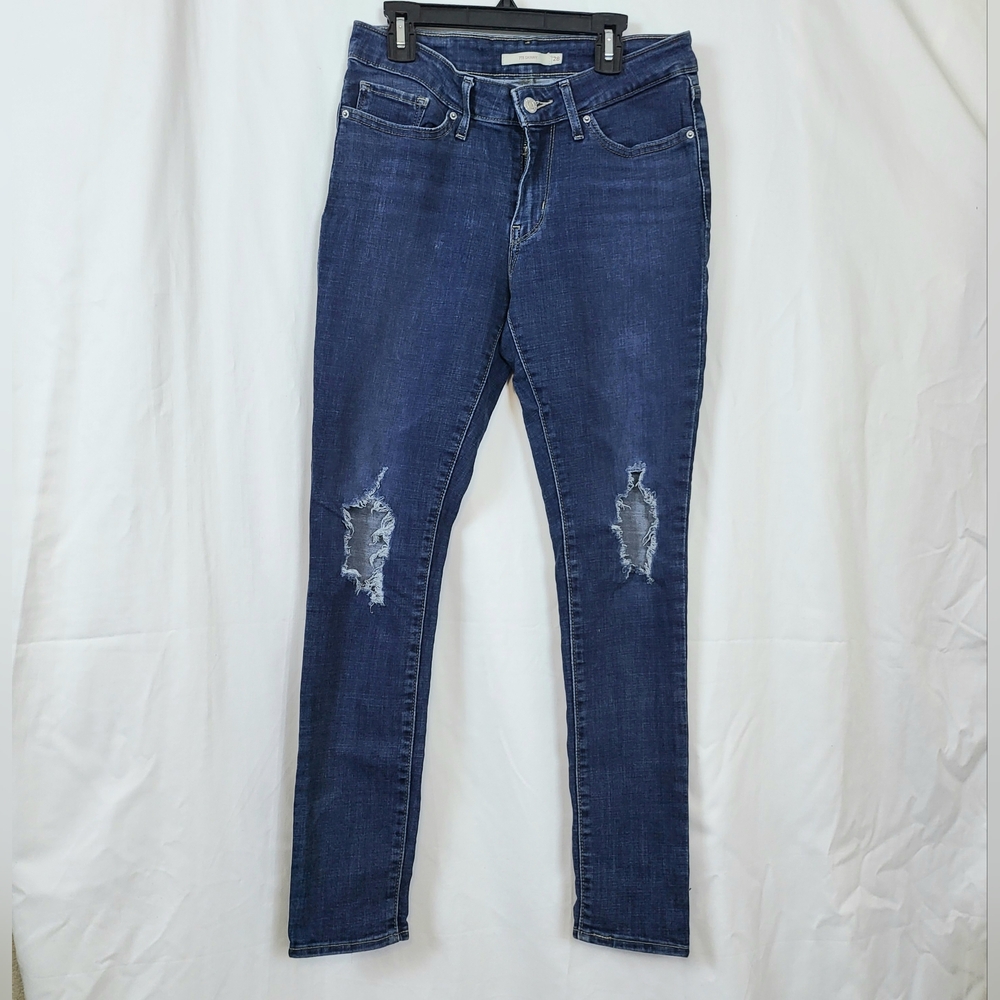 Levi's Womens 711 Skinny Mid Rise Dark Wash 5 Pocket Distressed Grunge Jeans 28